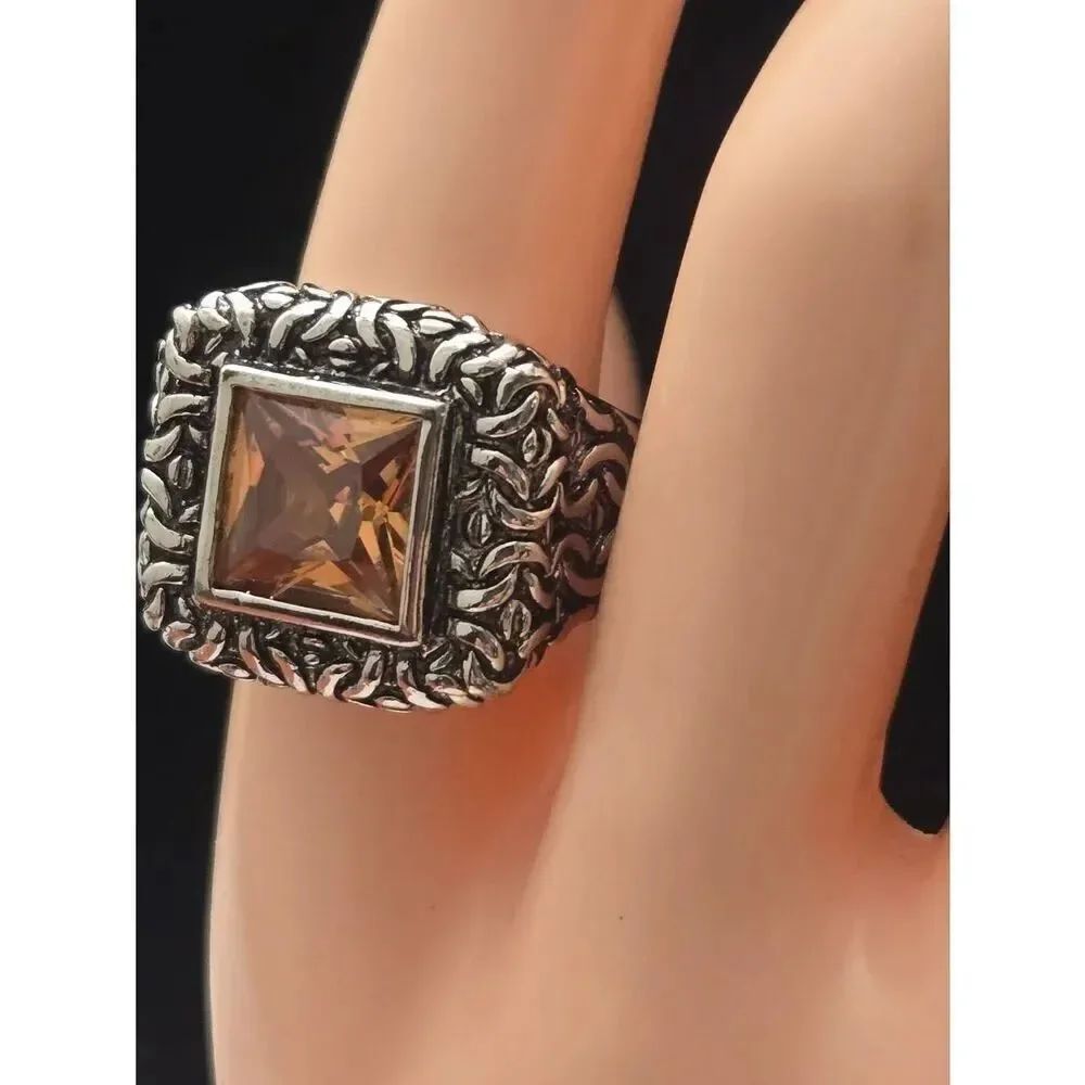 Women's Size 9 Amber Crystal CZ Silver Tone Ring